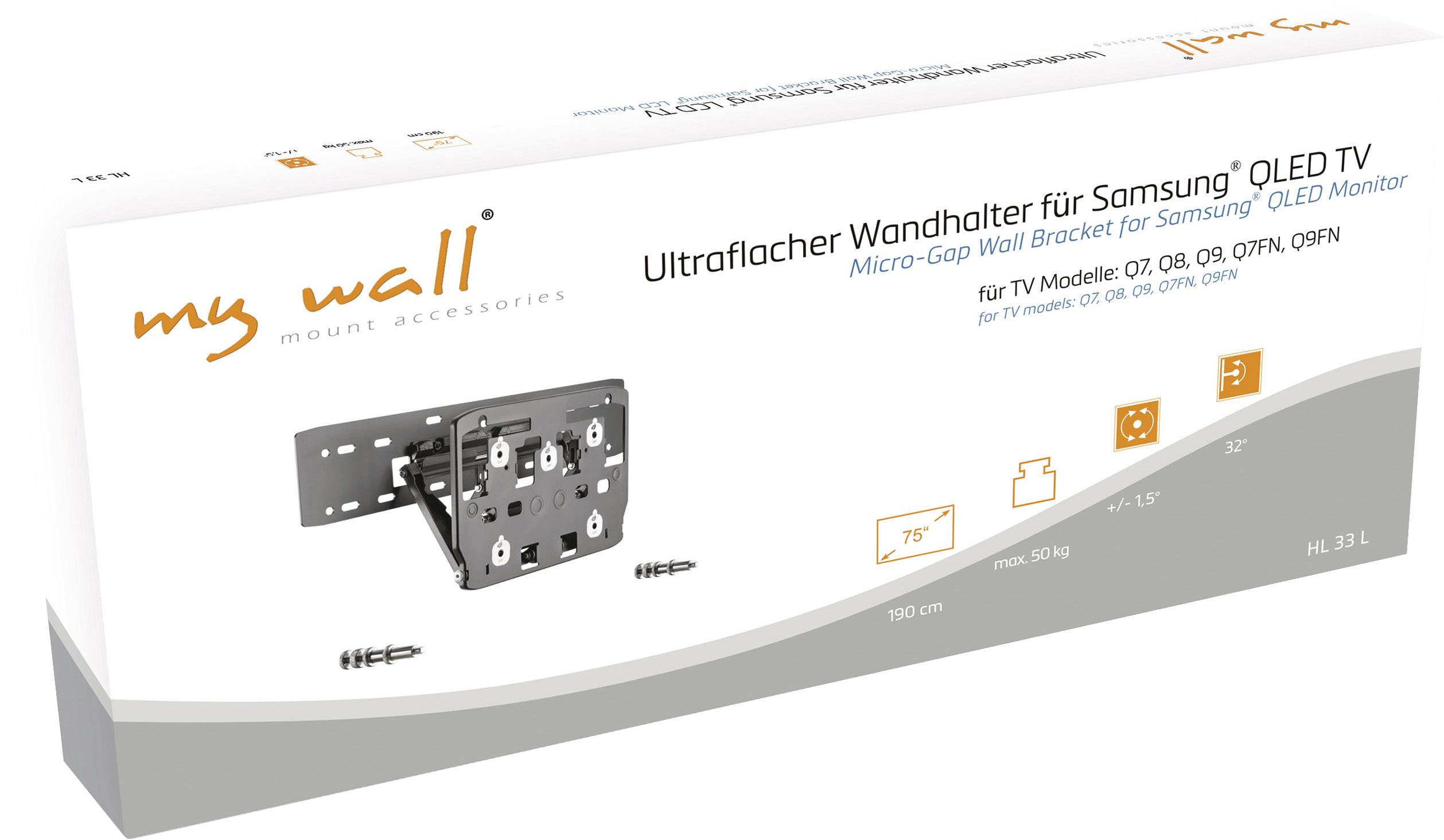 'Ultra-slim Wall Mount for Samsung QLED TV', suitable for Q7 to Q9 models. Mounting bracket and screws shown on packaging.