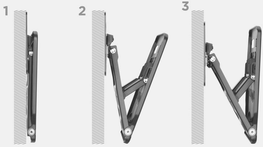 'The three-step process demonstrates the progressive installation of a foldable wall mechanism: from flat against the wall to fully extended.'