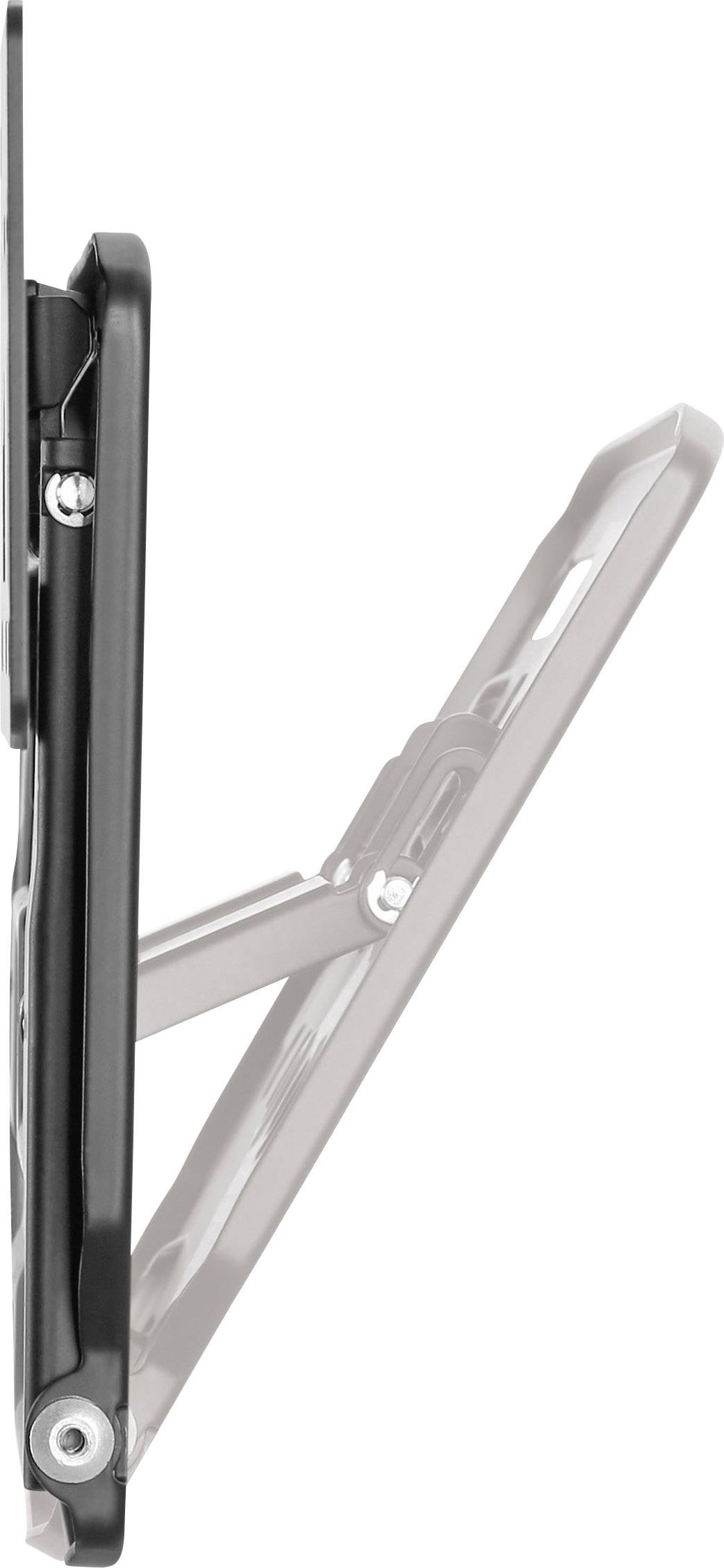 A folding table holder in side view shows its mechanism and standing function. The holder can be adjusted and fixed.