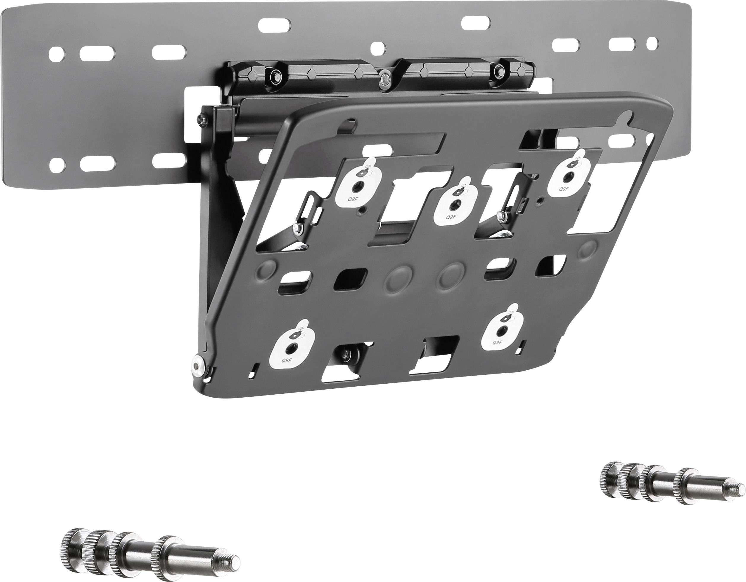 Wall mounting bracket with adjustable plate, suitable for electronic devices. Includes mounting screws.
