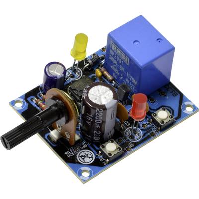 Electronic circuit with various components such as resistors, capacitors, LED lights and a blue relay module.