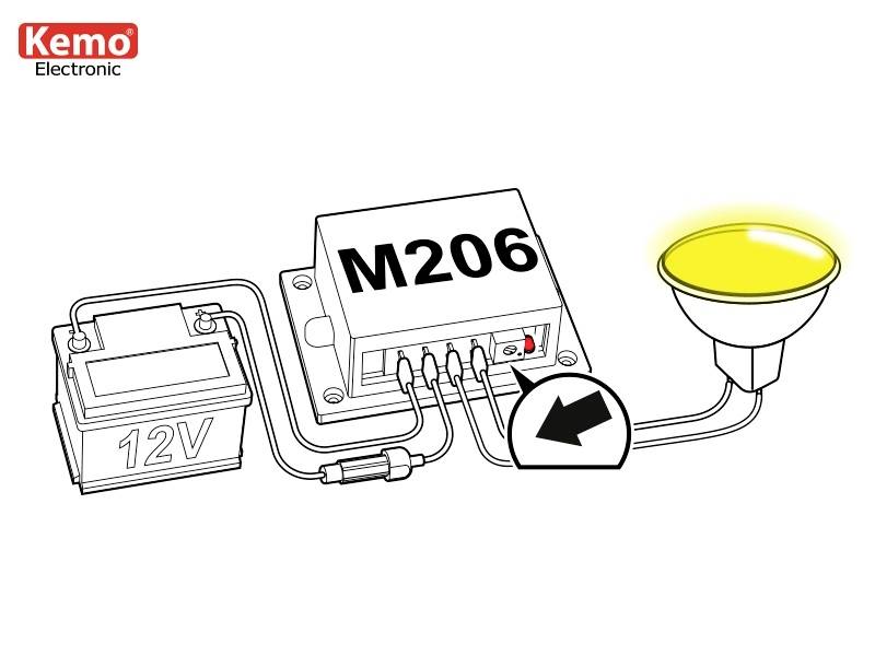 A circuit shows a 12V power supply connected to an M206 module which controls a yellow lamp. An arrow marking indicates the connection point of the lamp.