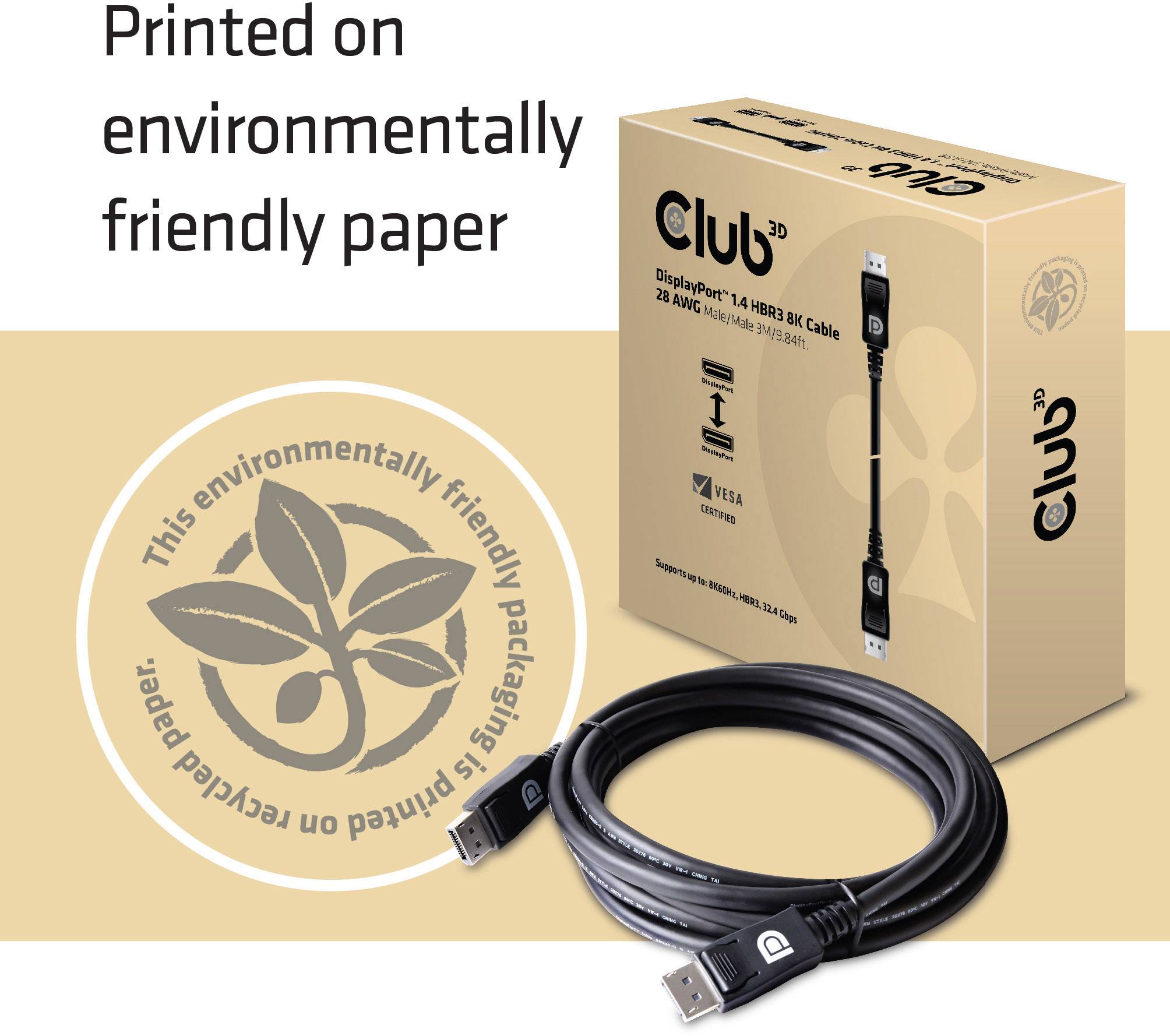 A DisplayPort 1.4 cable packaging from Club3D shows the cable and an eco-friendliness print. Packaging is sustainable.