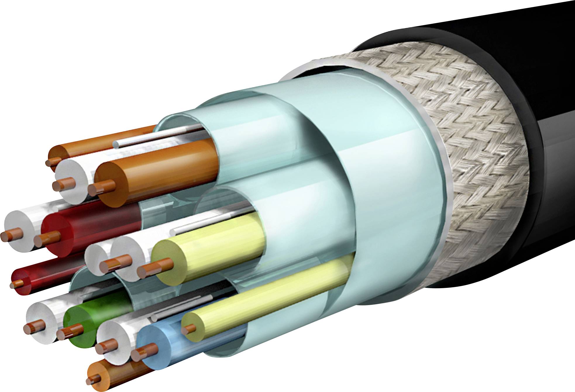 A cross-section of an optical fibre cable shows multiple coloured fibres, surrounded by an insulating layer and protective sheathing.