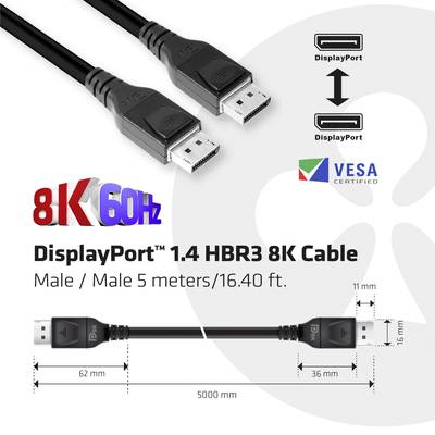 club3D DisplayPort Cable DisplayPort plug, DisplayPort plug 5.00 m Black CAC-1061 Ultra HD (8K) DisplayPort cable