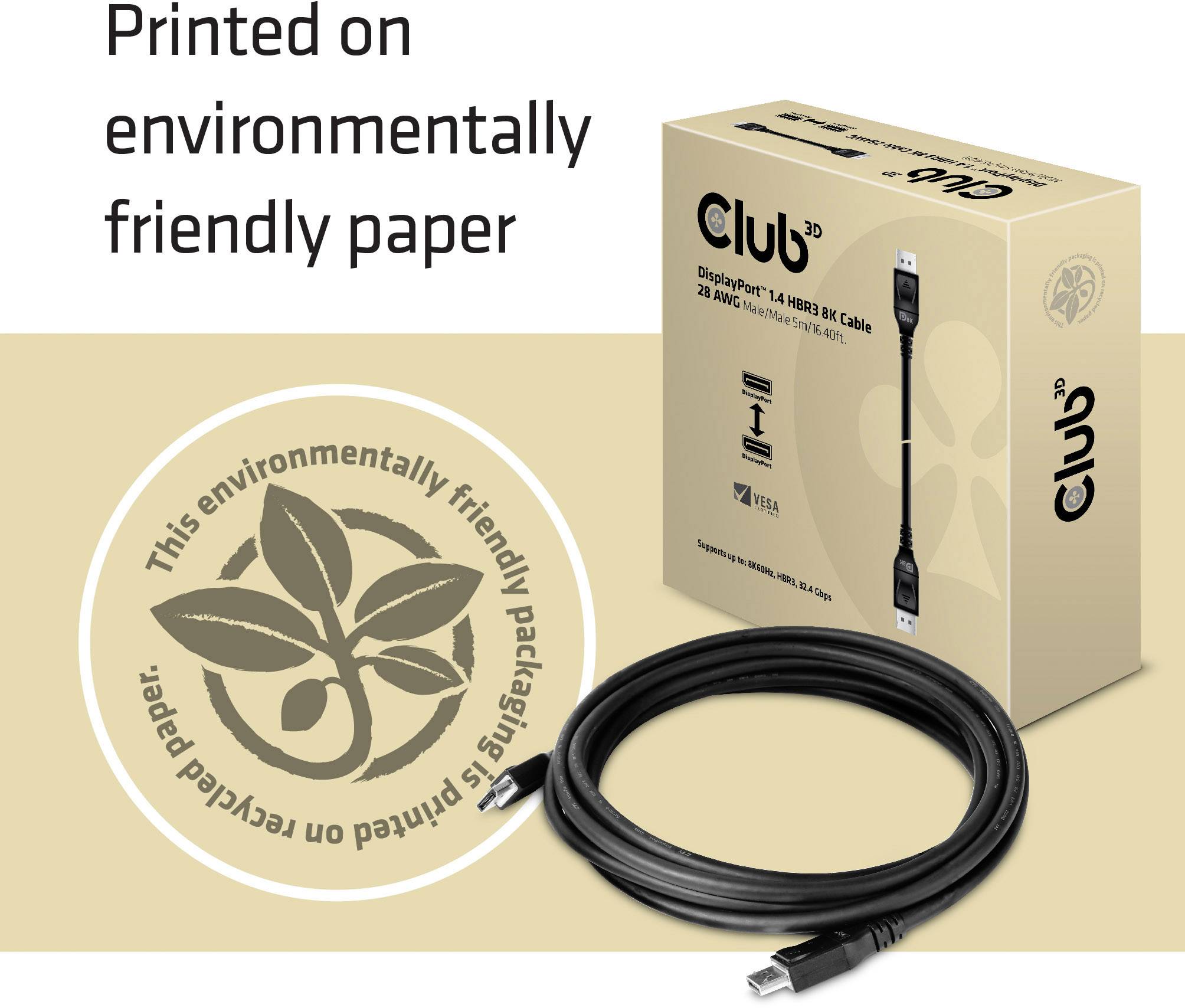 The packaging displays a DisplayPort cable next to the text 'Printed on environmentally friendly paper' and a recycling symbol.