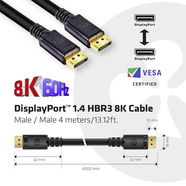 club3D DisplayPort Cable DisplayPort plug, DisplayPort plug 4.00 m Black CAC-1069B 8K UHD DisplayPort cable