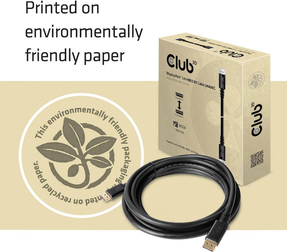 DisplayPort cable in front of packaging made from eco-friendly paper, printed with seal 'This environmentally friendly packaging is printed on recycled paper'.