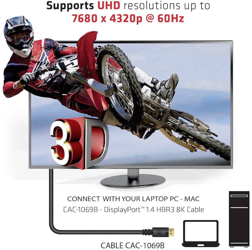 A cyclist in red gear jumping, 3D effect. Screen displays 'Supports UHD resolutions up to 7680 x 4320p @ 60Hz'. Connects PC/Mac with Cable CAC-1069B.