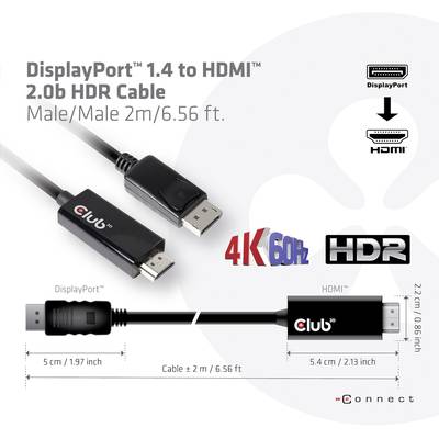 'DisplayPort 1.4 to HDMI 2.0b HDR Cable', 2 Metres, shows cable and connector with '4K 60Hz' and 'HDR' indication, including dimensions.