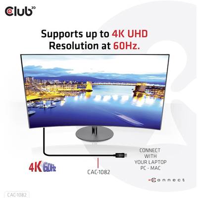 A curved monitor with cable connection displays a city view on the screen. Text: 'Supports up to 4K UHD Resolution at 60Hz.'<br><br>(Note: The translation is already in British English, so no changes were necessary.)