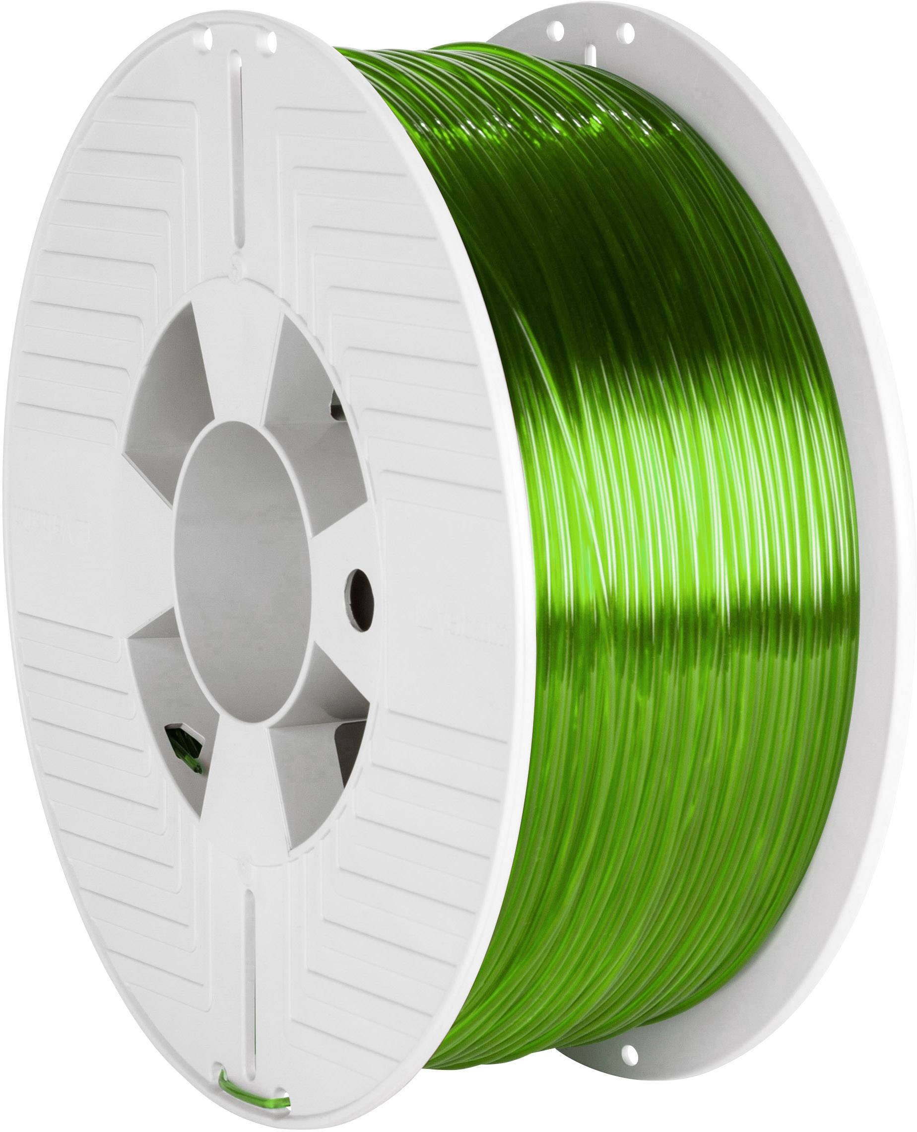 A white spool with green 3D printer filament, ready for use in a 3D printer.