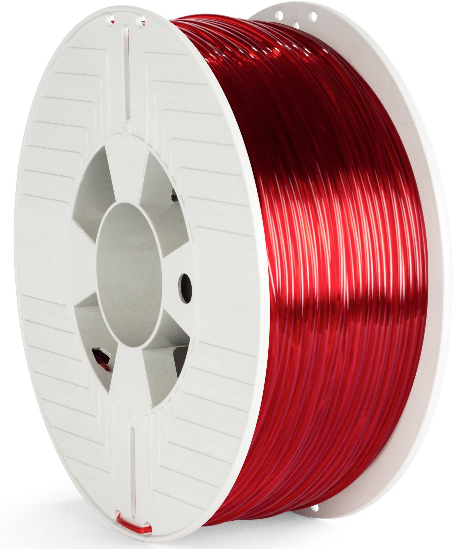 A reel of red 3D printer filament against a white background, suitable for use in 3D printers.