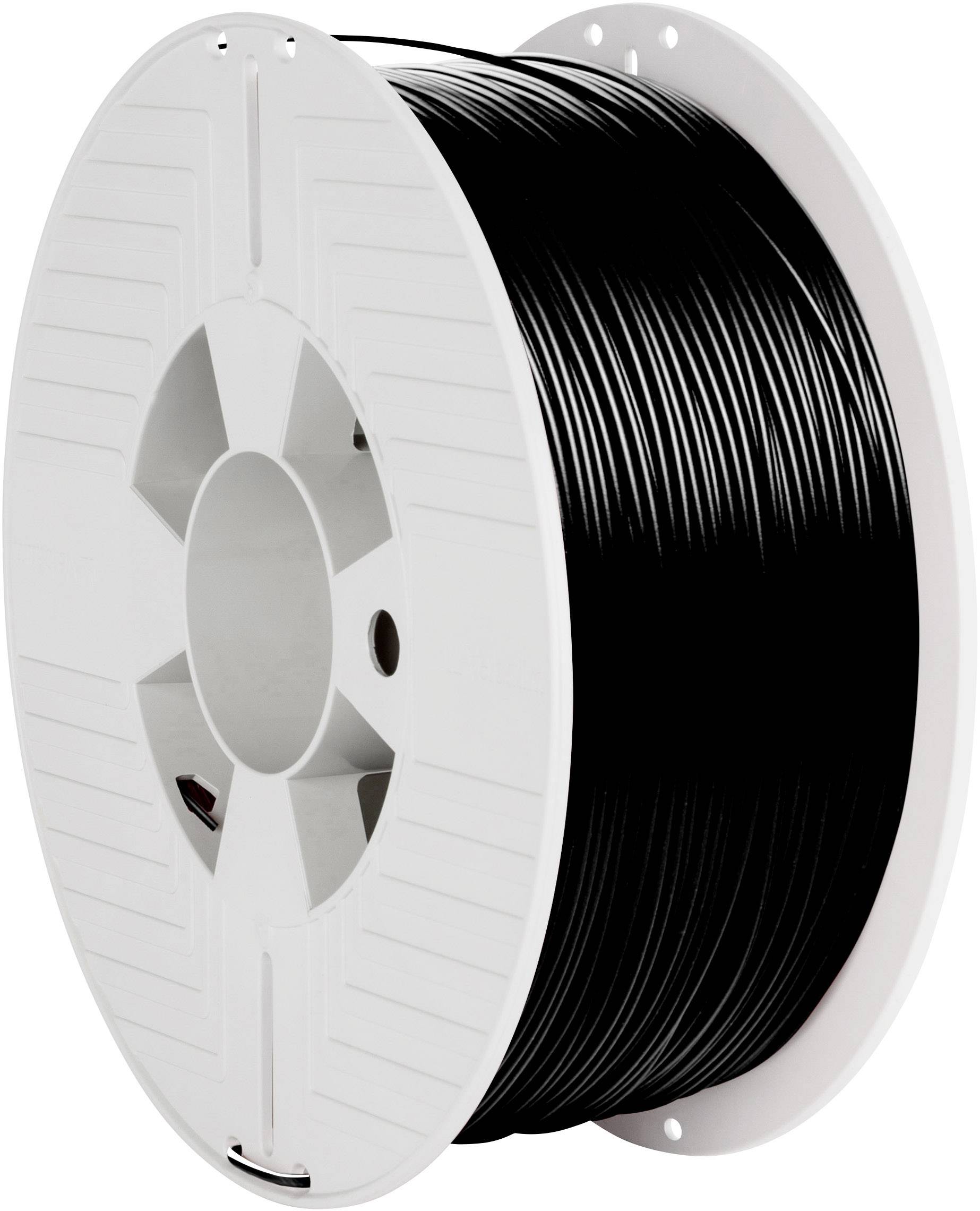 Black filament reel for 3D printer with white plastic core, taken from the side. Suitable for various printing applications.