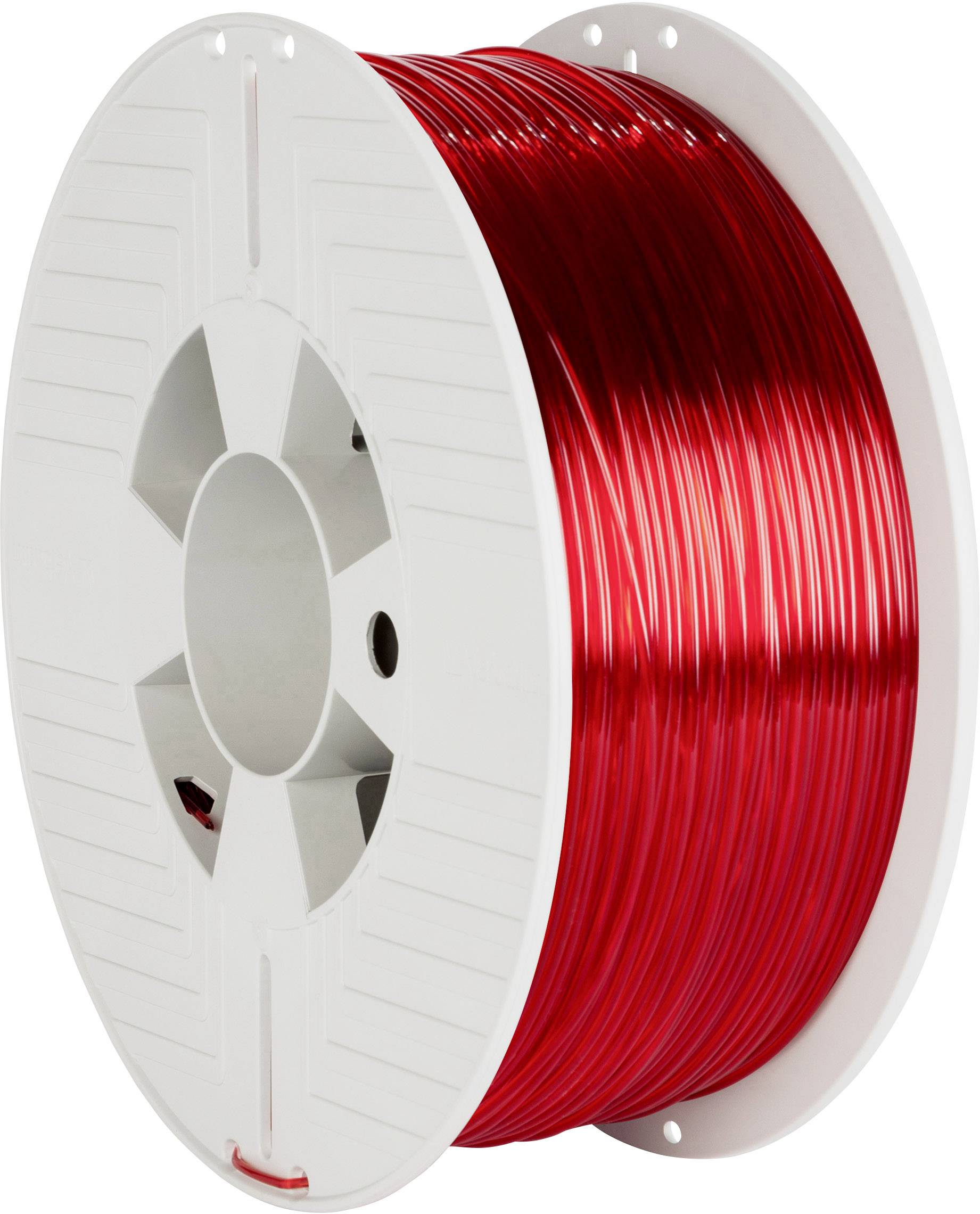 Red 3D printer filament spool, plastic material on a white spool, ready for use in 3D printers.