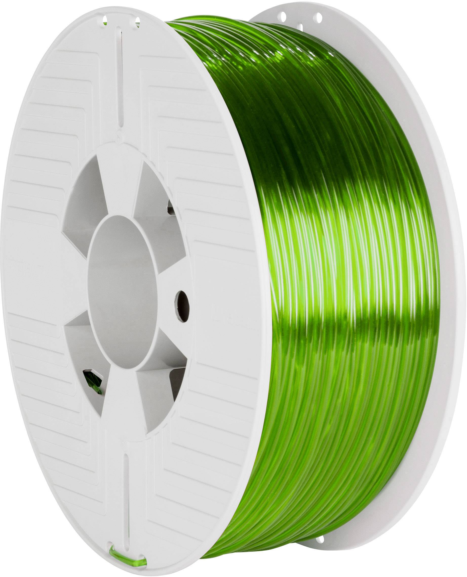 A white spool with green 3D printer filament that is smooth and glossy.