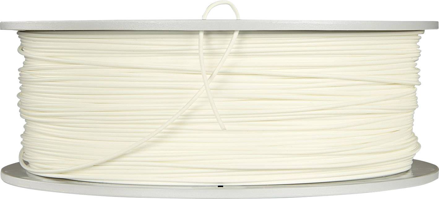 A white spool of 3D printer filament, wound onto a grey reel.