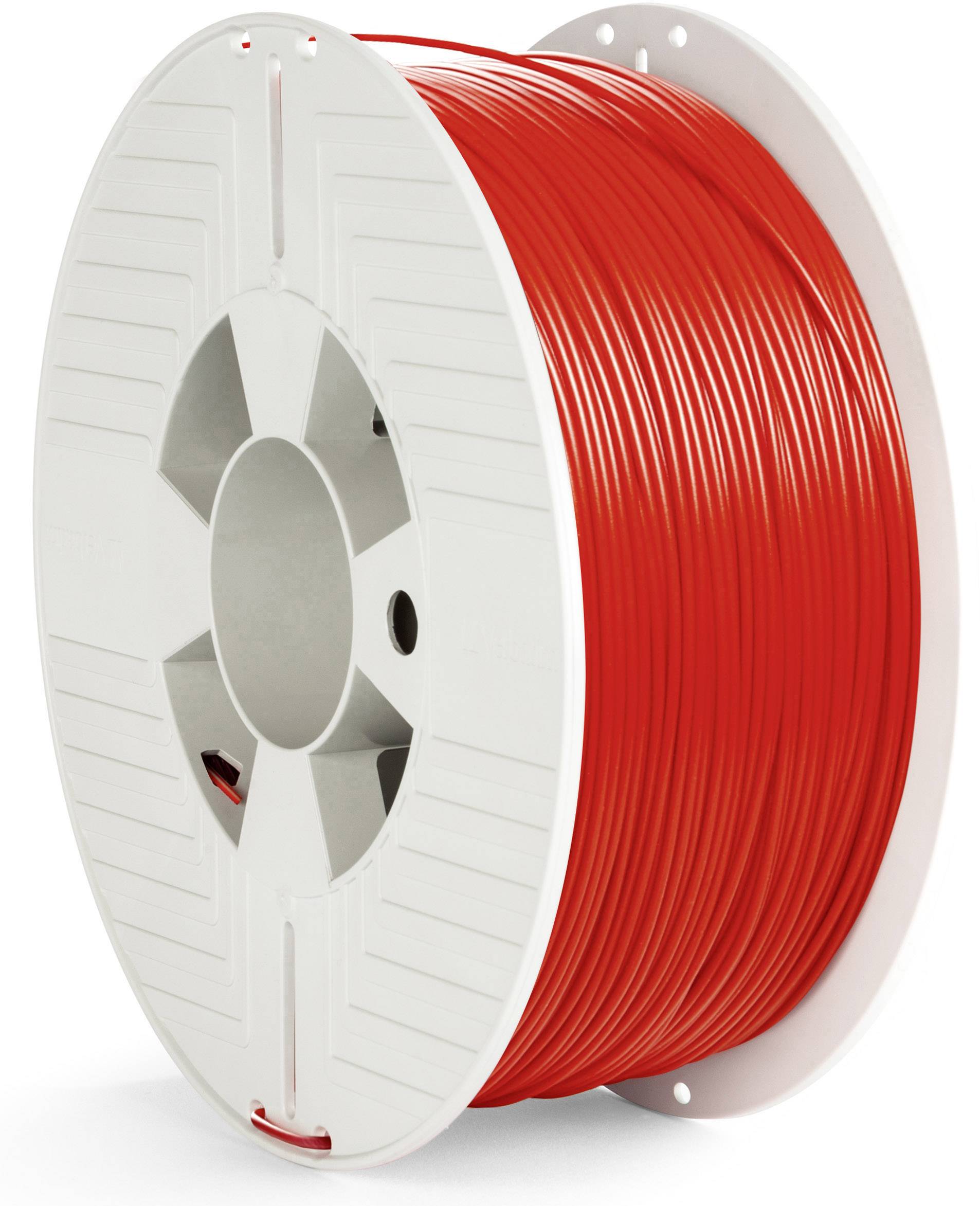 A white spool with red 3D printer filament.