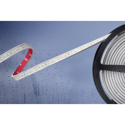 A roll of flexible LED strips with illuminated diodes, partially unrolled, against a background with water droplets.