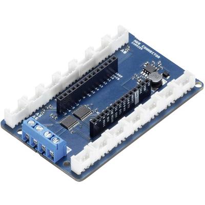 A blue electronic circuit board with multiple white ports, black pin headers, and a rotary switch in the centre.