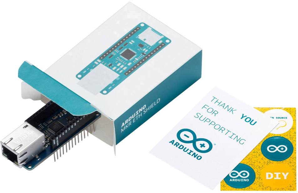 'Arduino MKR ETH Shield' in an opened package, showing the circuit board. Accompanying card with 'Thank You for Supporting Arduino' message.