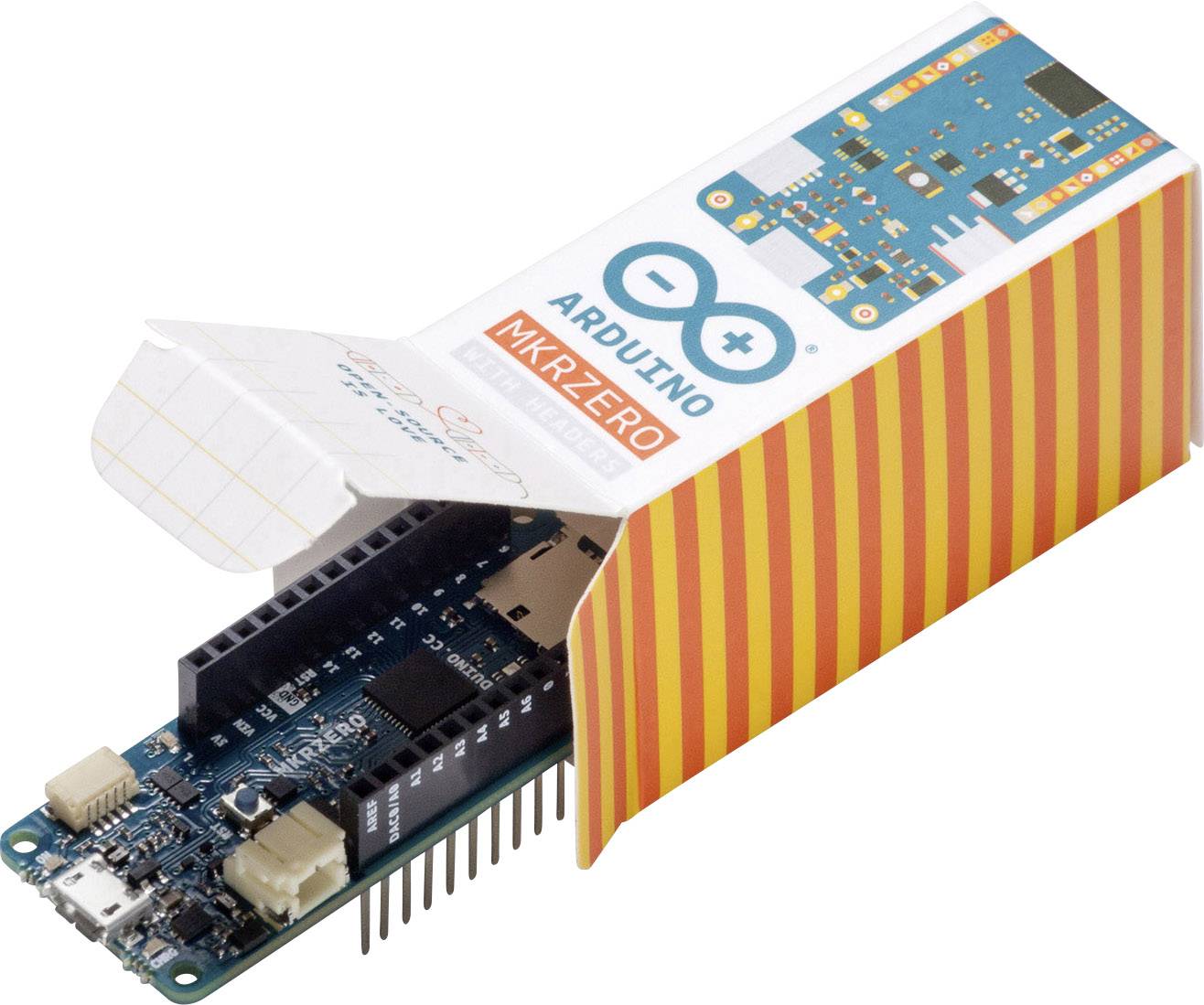 An opened package containing an Arduino MKRZero; a small electronic development board.