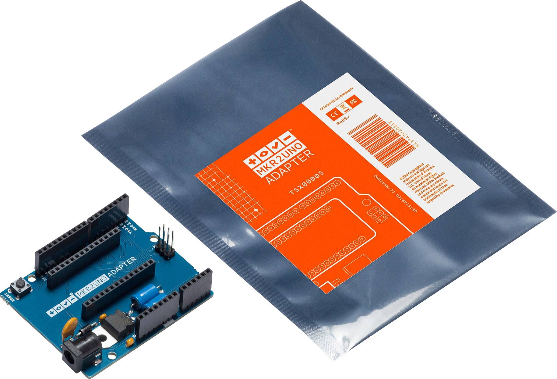 Arduino MKR2UNO Adapter beside grey bag with orange label and specifications. Adapter for connecting Arduino boards.