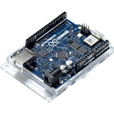 Arduino Uno board with blue circuit traces and black connector strips on a transparent case. Contains various chips and connectors.