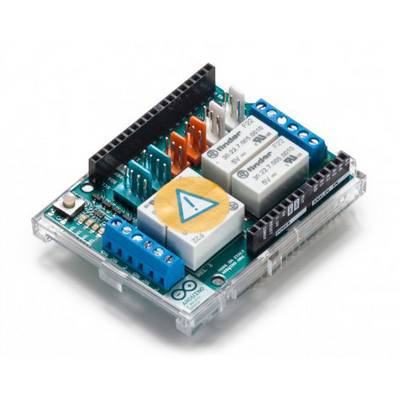 An electronic circuit board with multiple ports, featuring orange and blue connectors and a warning symbol in the centre.