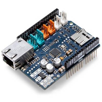 A blue electronic board with various ports, including an Ethernet port and coloured connectors, as well as an SD card slot.
