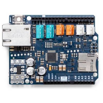 Arduino Shield with Ethernet connection, multiple digital and analogue ports; enables extended network connectivity for projects.