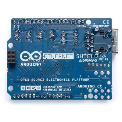 Electronic circuit board with the inscription 'Arduino Ethernet Shield', blue background, connectors and labels for network connections.