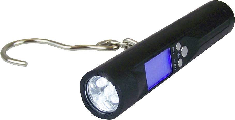 Electronic hand-held scales with hook and digital display, showing the weight of suspended objects. Ideal for travellers.