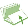 A green diagram depicts a laptop symbol with an open screen and a highlighted paper document being folded upwards.