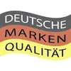The image depicts the text 'German Brand Quality' on wave-like stripes in the colours of the German flag: black, red, yellow.