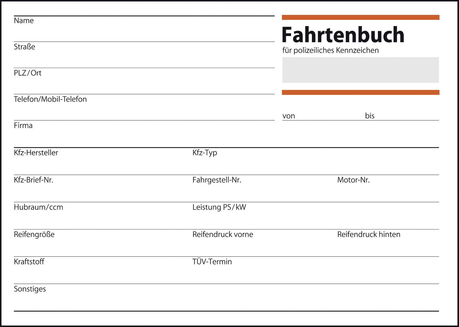'Vehicle Log for Police Identification.' Table for Recording Vehicle Details: Name, Street, Postcode/Town, Telephone, Mobile Phone, Company, Vehicle Details, Fuel Type, MOT Expiry Date.
