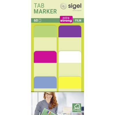 Packaging of Sigel tab markers, 60 pieces, in assorted colours: Green, Pink, Blue, White, Yellow. Extra strong.