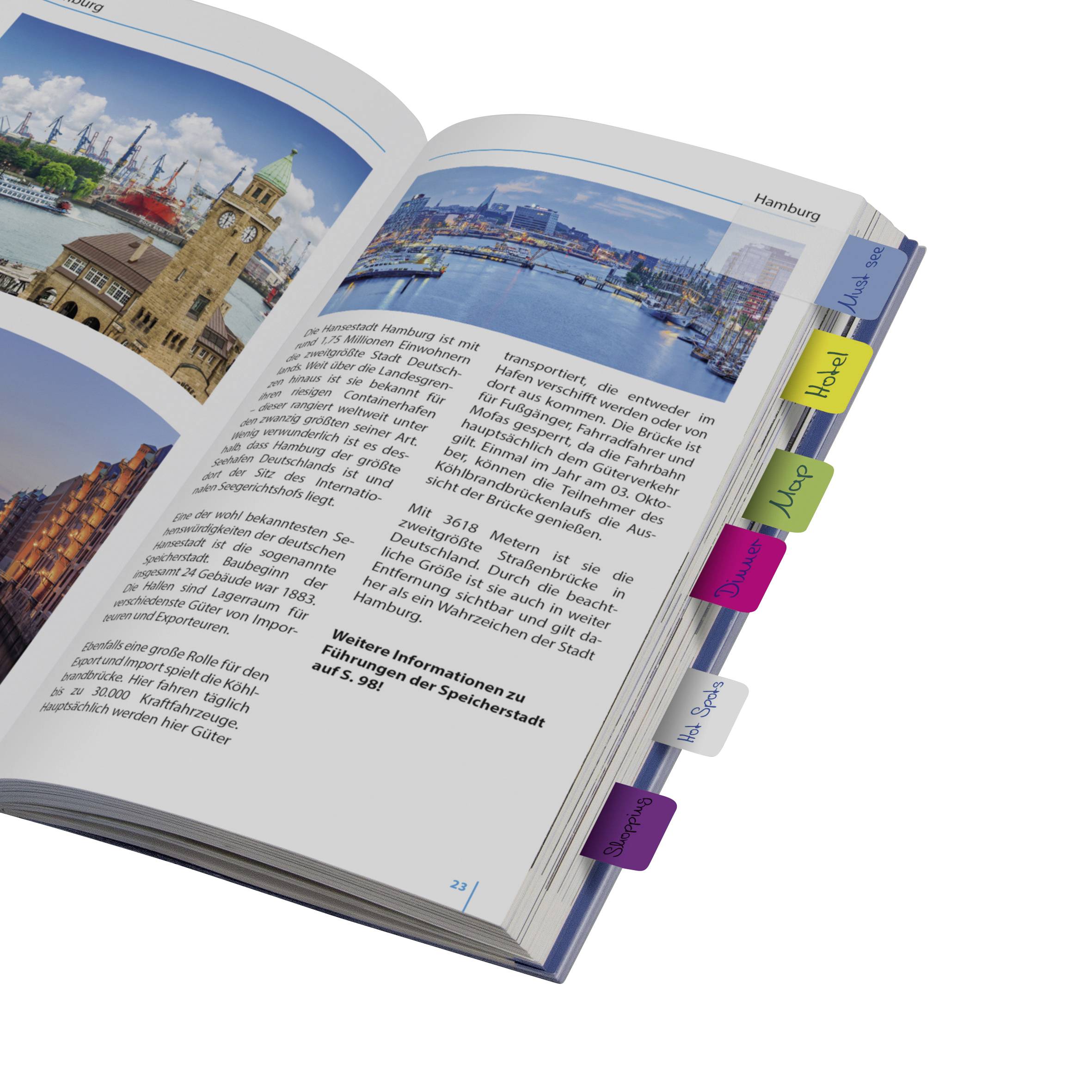Open book with photographs of Hamburg, including landmarks such as the harbour and historic buildings. Coloured index tabs mark the pages.