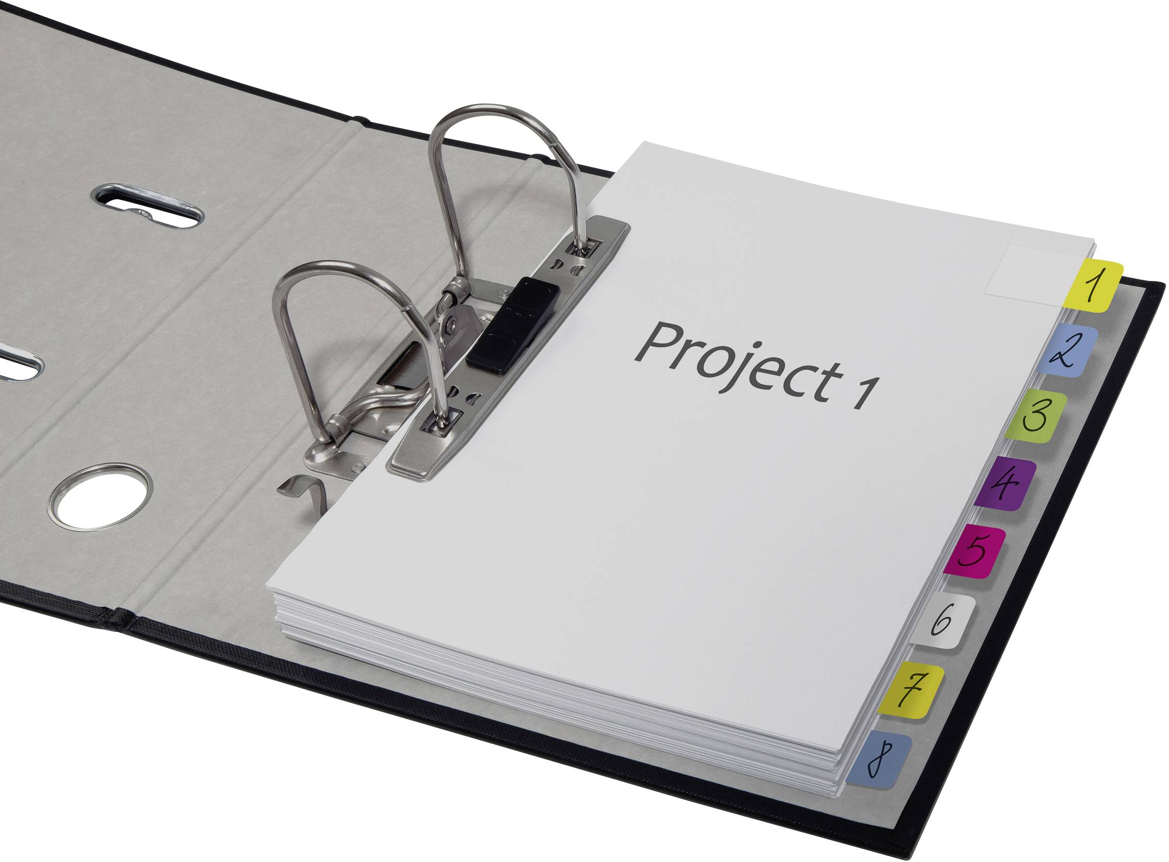 An open folder labelled 'Project 1' atop a stack of papers. The pages are numbered and colour-coded.