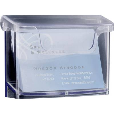 A transparent business card holder contains a card for a 'Senior Sales Representative' with contact details and address in New York.