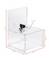 Clear acrylic box with a hinged lid, measuring 150x150x105 mm. The lid is 90x6 mm, and total height is 212 mm. Includes a lock.