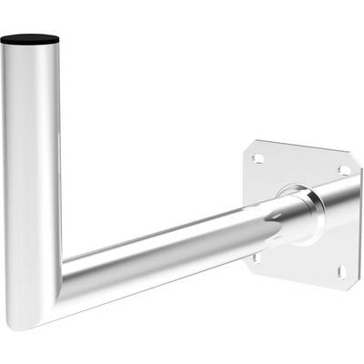 A silver metal wall-mounting arm with a rectangular mounting plate, for fixing satellite dishes to walls.