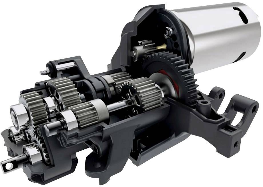 Cross-section of a transmission unit with gears and motor, shown to illustrate the mechanical components and mode of operation.