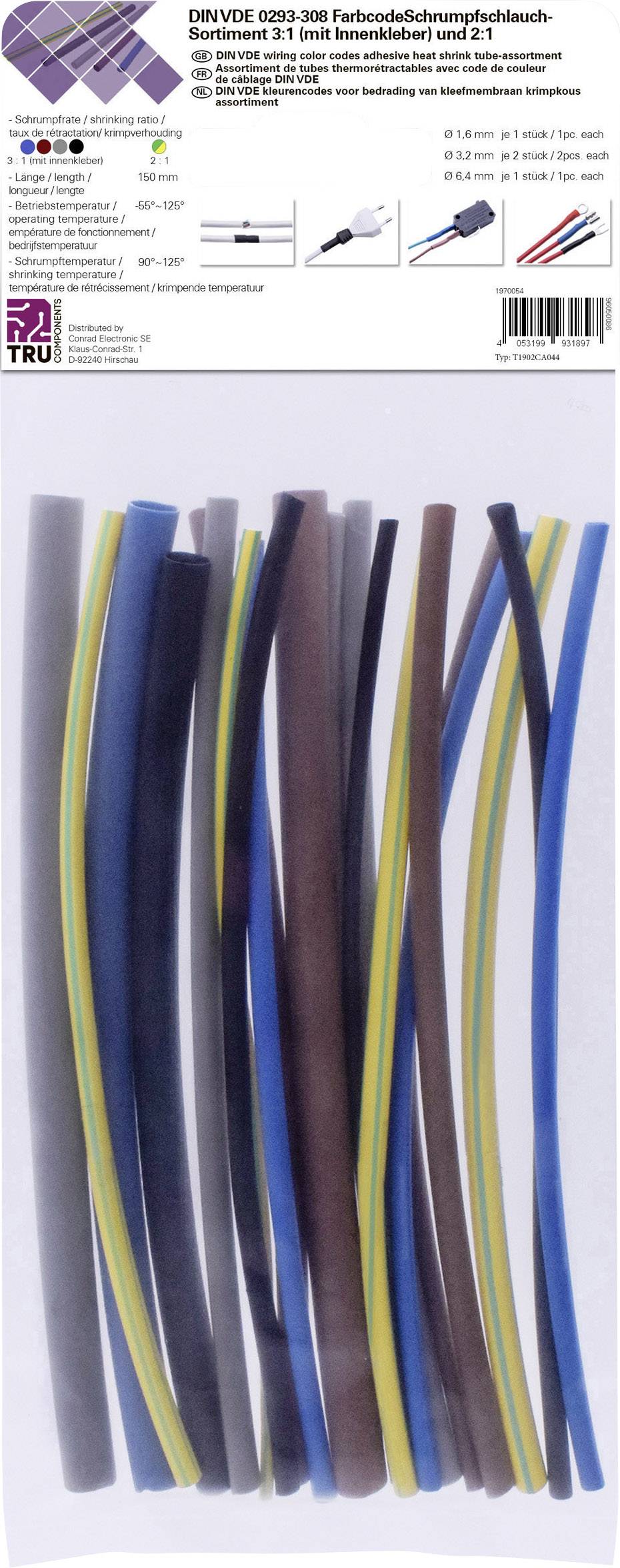 Multicoloured heat shrink tubes in various sizes, with description of application areas and technical specifications.