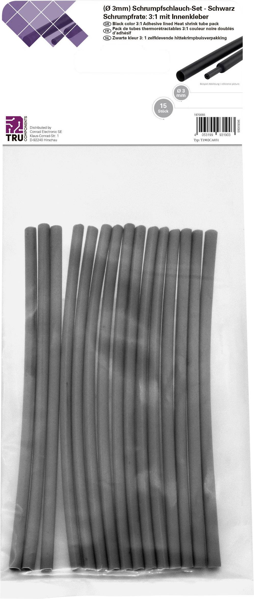 'Ø 3mm Heat Shrink Tubing Set - Black Shrinkable 2:1 with Inner Lining' shows a set of black heat shrink tubes in a plastic packaging.