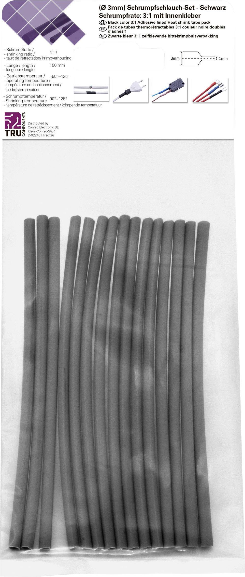 'Pack of Heat Shrink Tubes, black, 3:1 shrink ratio, internal diameter 6.4 mm. Contains 12 pcs.' Packaging with example diagram above.