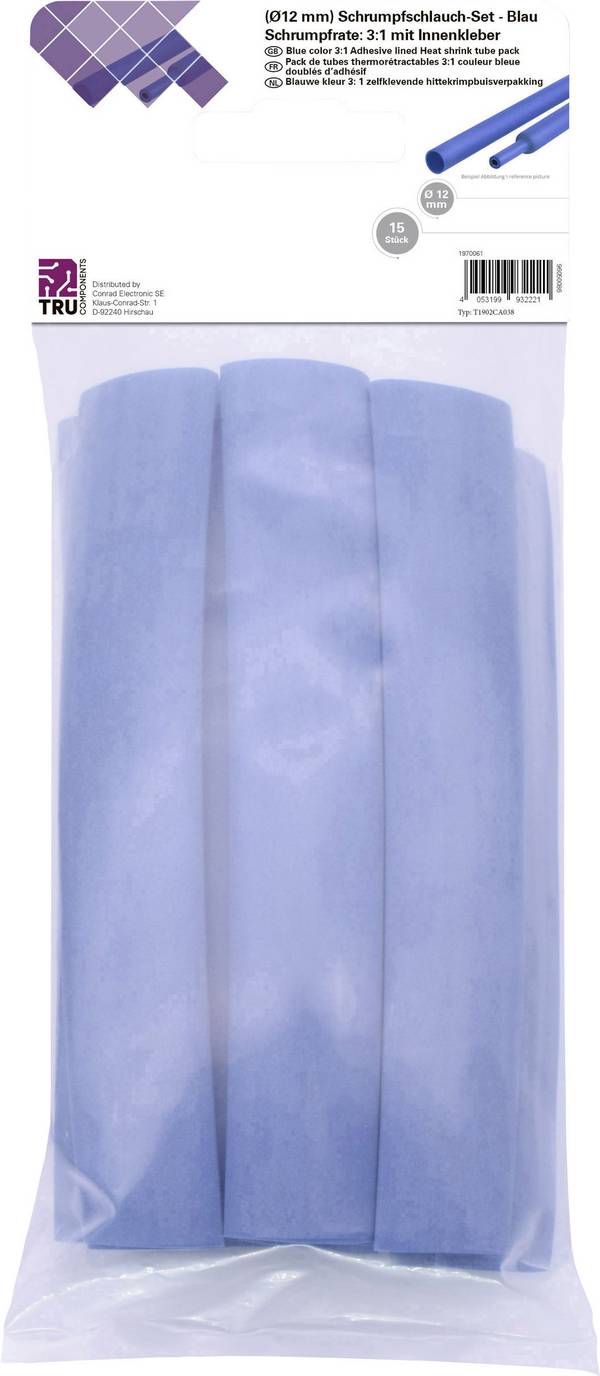 TRU COMPONENTS T1902CA038 Heatshrink set Blue 12 mm 4 mm Shrinkage:3:1 15 pc(s)
