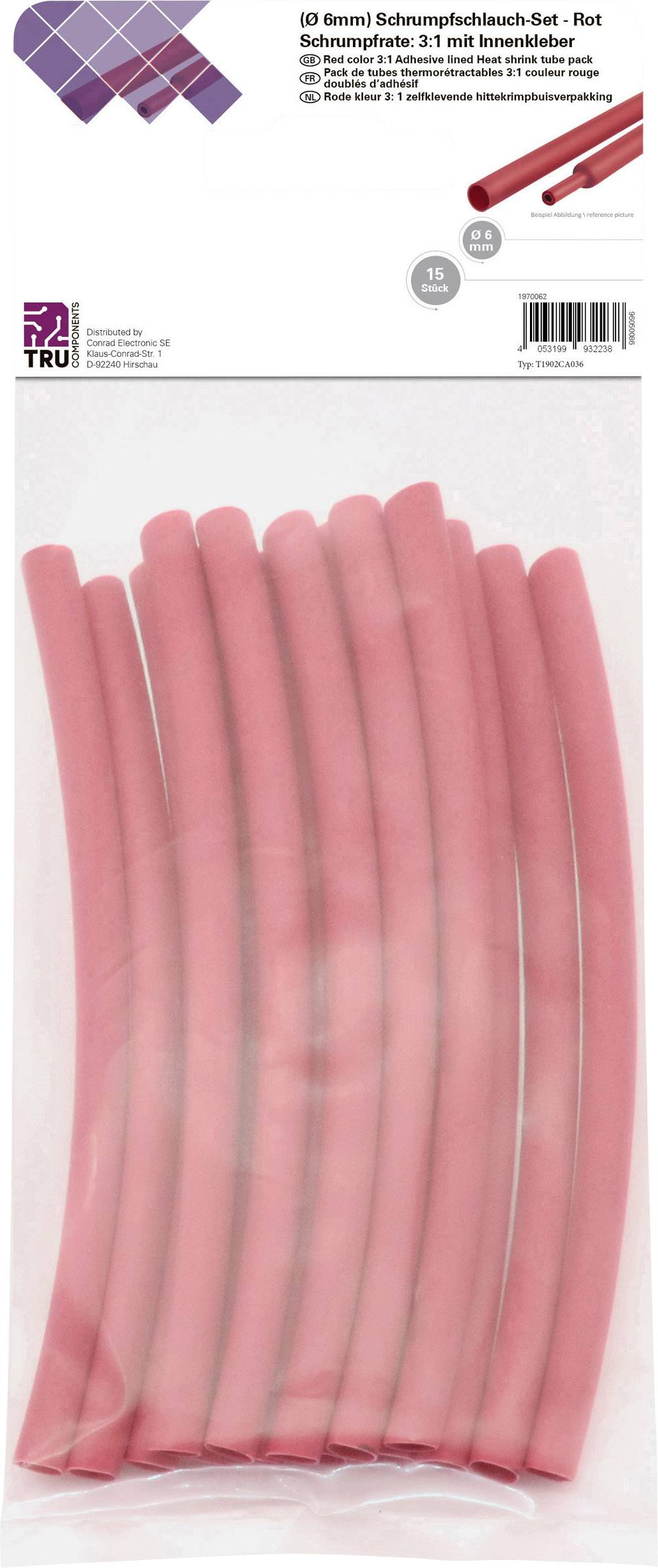 Red Heat Shrink Tube Set, 8 pieces, Size 0 (6 mm), Shrink Ratio 3:1, ideal for insulating cables and electrical wires.