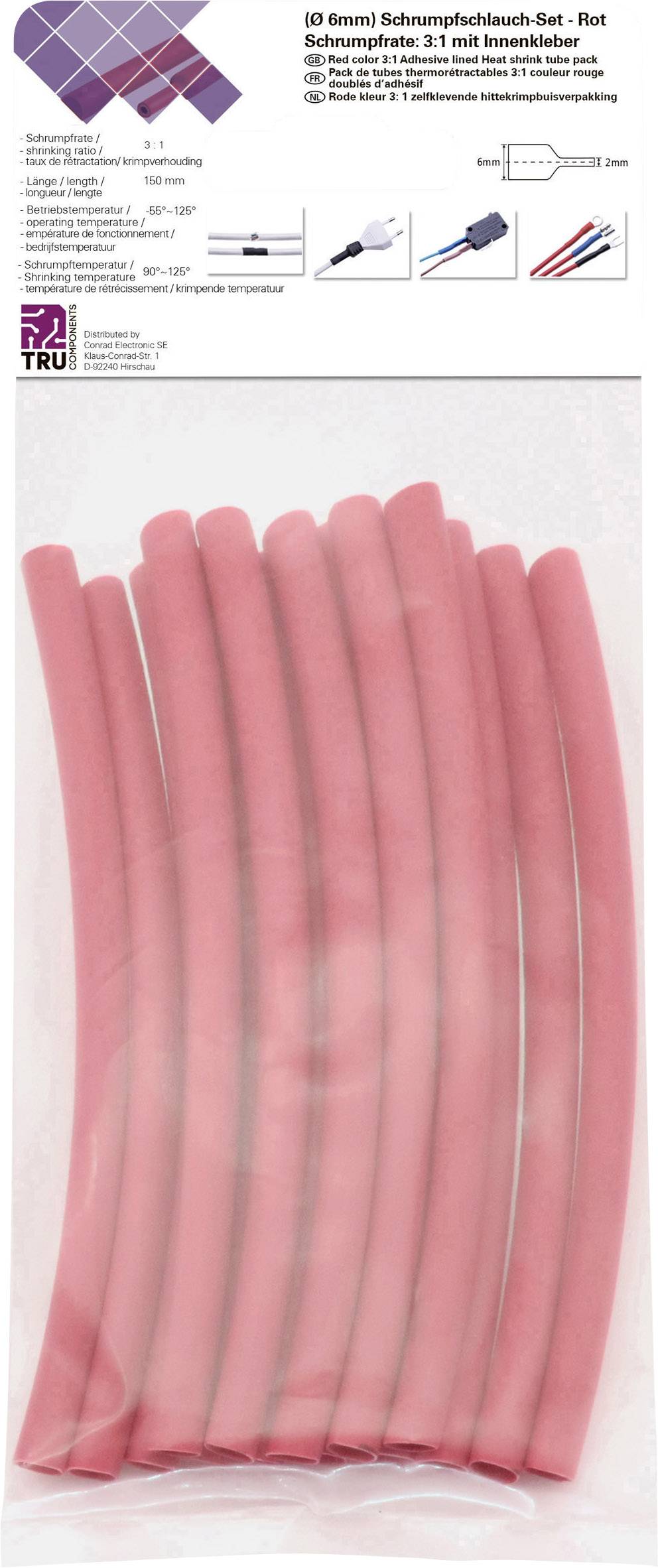 '10 pieces heat shrink tube set in red, shrink ratio 3:1 with internal adhesive, length 100 mm, diameter 6 mm. Packaging shows red tubes.'