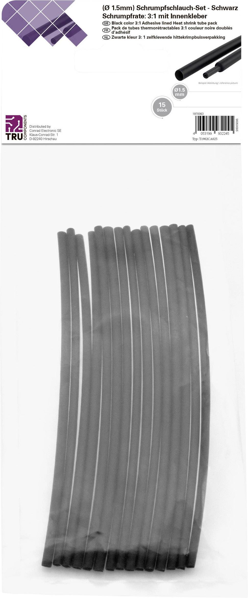 TRU COMPONENTS T1902CA025 Heatshrink set Black 1.50 mm 0.50 mm Shrinkage:3:1 15 pc(s)-0